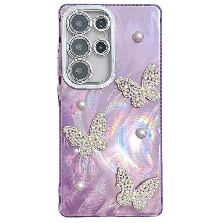 For Samsung Galaxy S23 Ultra Case Butterfly Pearl Decor IMD PC + TPU Phone Cover with Glass Lens Film - Feather Yarn  /  Purple
