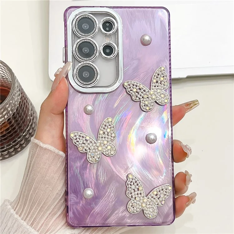For Samsung Galaxy S23 Ultra Case Butterfly Pearl Decor IMD PC + TPU Phone Cover with Glass Lens Film - Feather Yarn  /  Purple