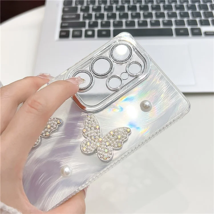 For Samsung Galaxy S24 Ultra Case Butterfly Pearl Decor IMD PC + TPU Phone Cover with Glass Lens Film - Shell Pattern  /  Purple