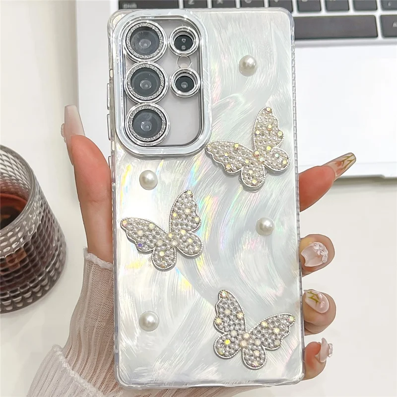 For Samsung Galaxy S25 Ultra Case Butterfly Pearl Decor IMD PC + TPU Phone Cover with Glass Lens Film - Feather Yarn  /  Silver