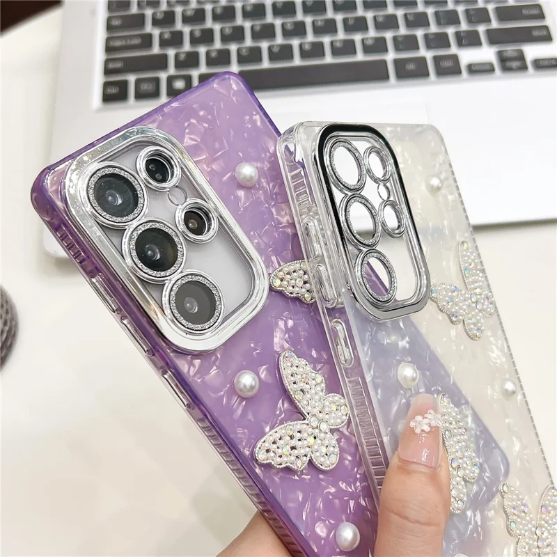 For Samsung Galaxy S25 Ultra Case Butterfly Pearl Decor IMD PC + TPU Phone Cover with Glass Lens Film - Feather Yarn  /  Silver