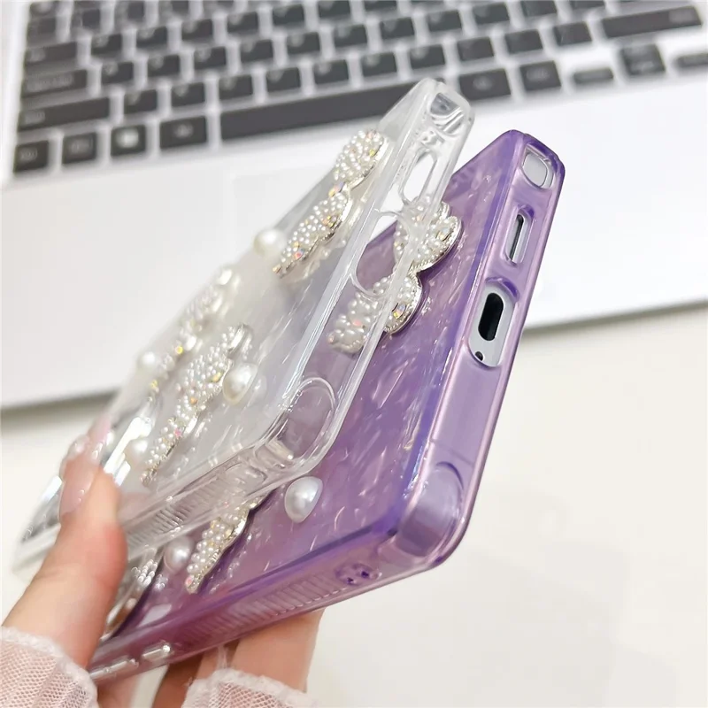 For Samsung Galaxy S25 Ultra Case Butterfly Pearl Decor IMD PC + TPU Phone Cover with Glass Lens Film - Feather Yarn  /  Silver