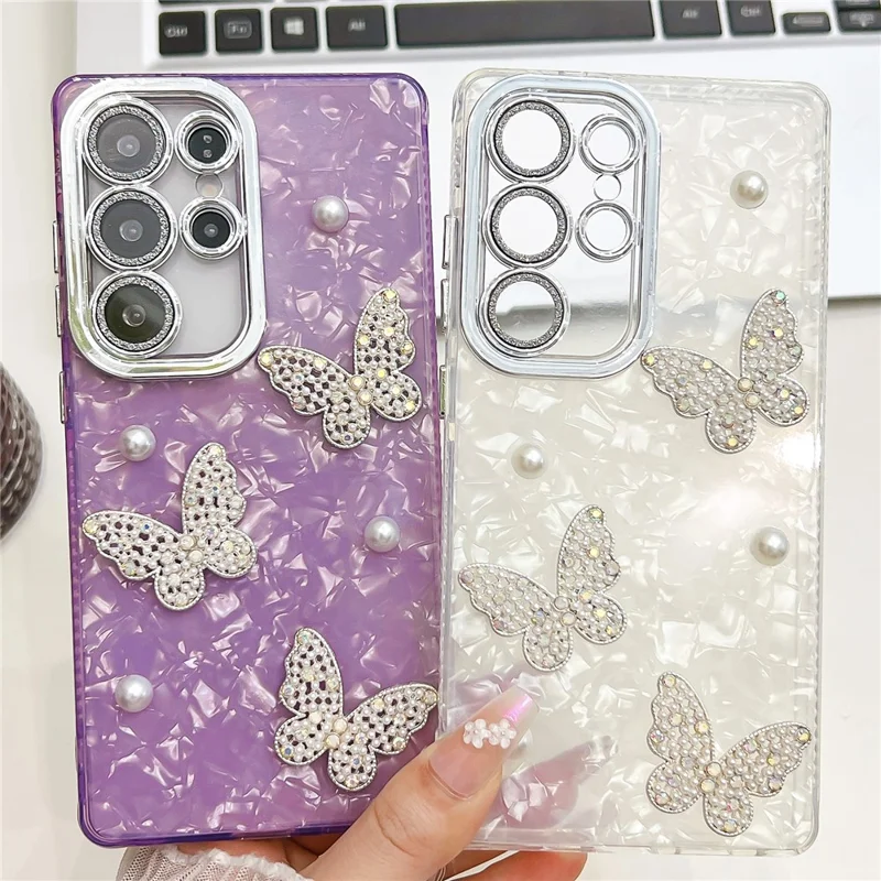 For Samsung Galaxy S25 Ultra Case Butterfly Pearl Decor IMD PC + TPU Phone Cover with Glass Lens Film - Feather Yarn  /  Silver