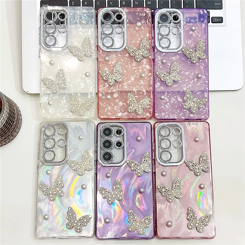 For Samsung Galaxy S25 Ultra Case Butterfly Pearl Decor IMD PC + TPU Phone Cover with Glass Lens Film - Feather Yarn  /  Silver