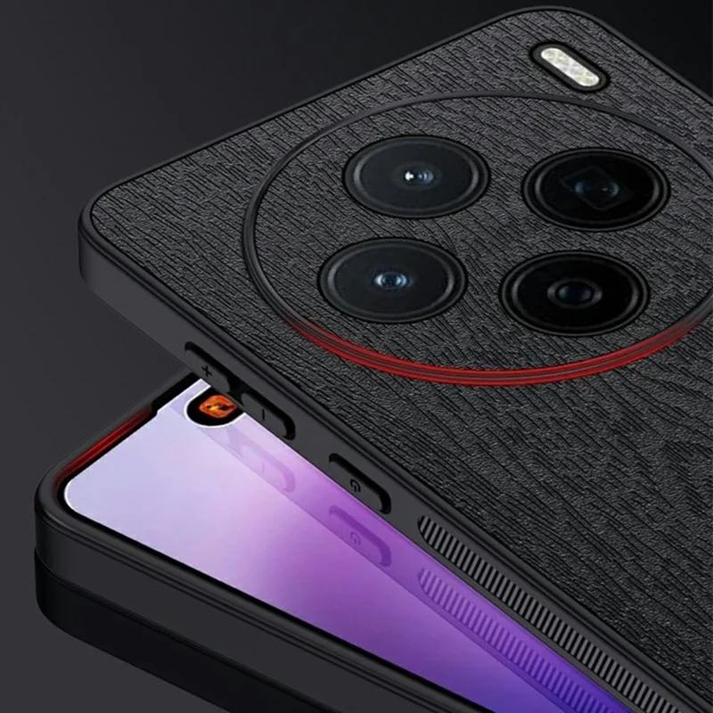 For vivo X200s 5G Case Wood Texture PU Leather Coated PC TPU Phone Cover - Black
