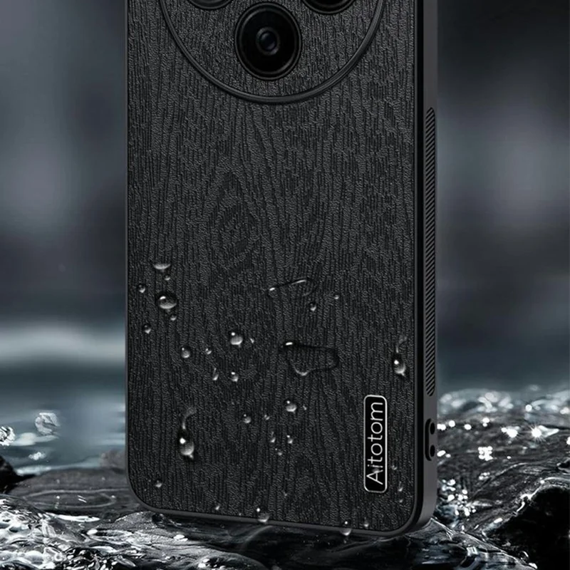 For vivo X200s 5G Case Wood Texture PU Leather Coated PC TPU Phone Cover - Black