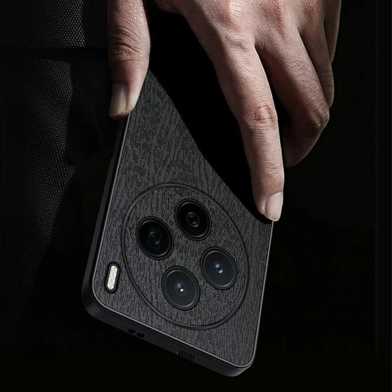 For vivo X200s 5G Case Wood Texture PU Leather Coated PC TPU Phone Cover - Black