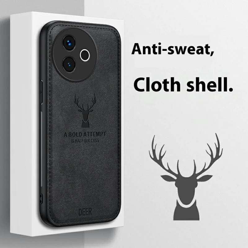 For vivo Y300i 5G Case Deer Pattern Cloth Texture PU + PC + TPU Phone Cover - Black