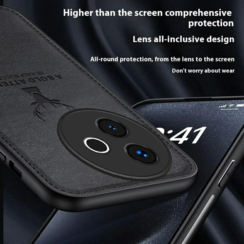 For vivo Y300i 5G Case Deer Pattern Cloth Texture PU + PC + TPU Phone Cover - Black