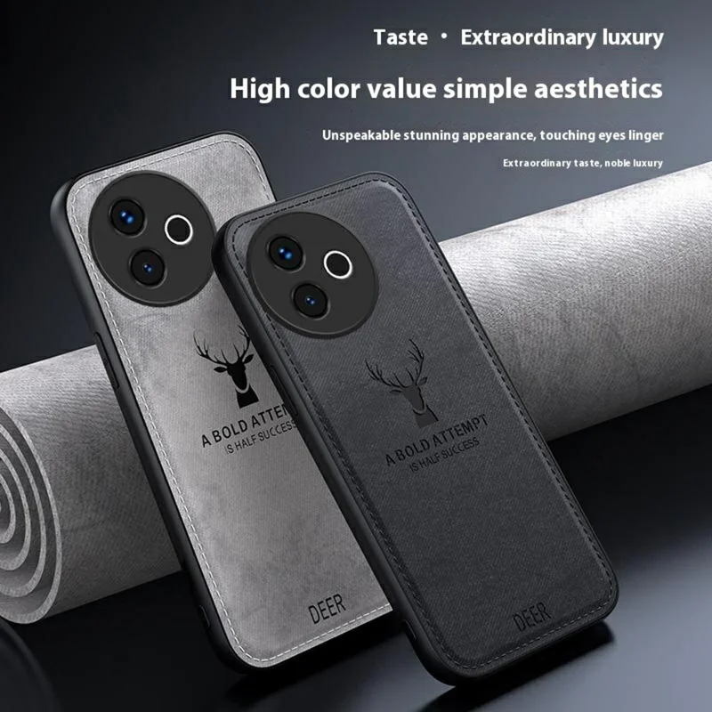 For vivo Y300i 5G Case Deer Pattern Cloth Texture PU + PC + TPU Phone Cover - Black
