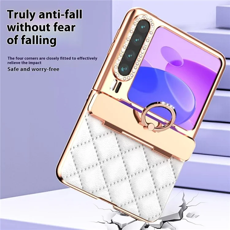 Cover per Huawei Pura X con Anello Supporto e Protezione Cerniera, Motivo Romboidale, Cover in PC + PU - Bianco