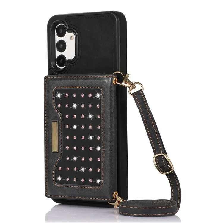 Per Samsung Galaxy A13 4G / 5G Rhinestone Decor Tri-fold Wallet Phone Case RFID Blocking Kickstand PU Leather Coated TPU Cover with Shoulder Strap - Nero