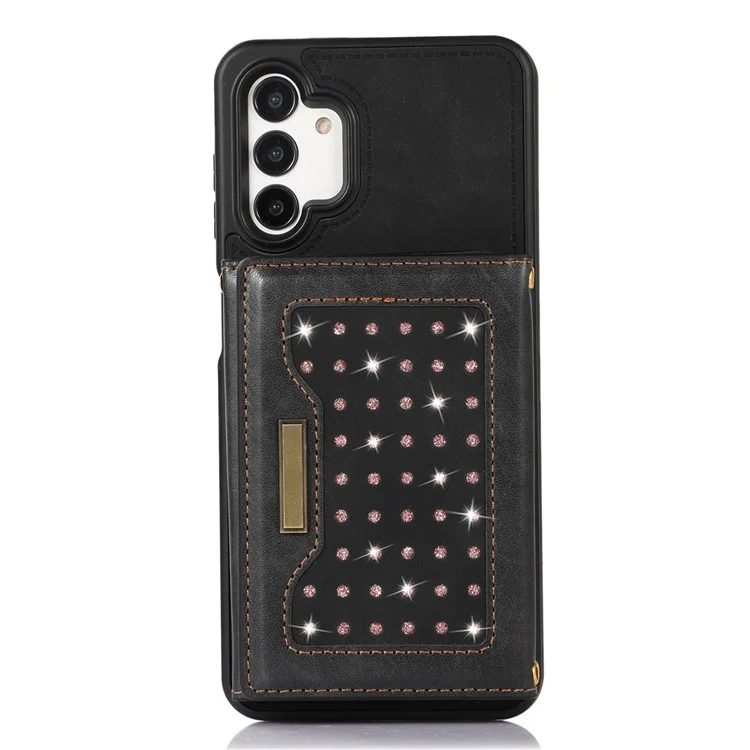 Per Samsung Galaxy A13 4G / 5G Rhinestone Decor Tri-fold Wallet Phone Case RFID Blocking Kickstand PU Leather Coated TPU Cover with Shoulder Strap - Nero