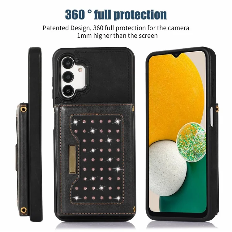 Per Samsung Galaxy A13 4G / 5G Rhinestone Decor Tri-fold Wallet Phone Case RFID Blocking Kickstand PU Leather Coated TPU Cover with Shoulder Strap - Nero