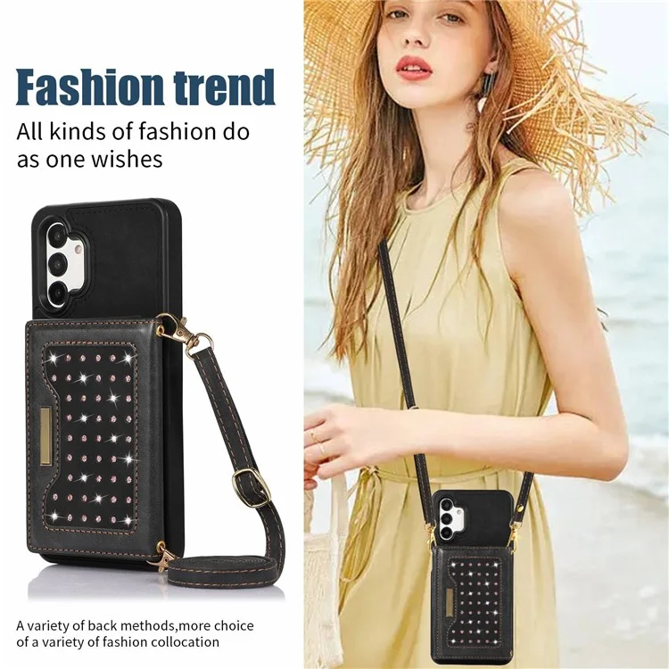 Per Samsung Galaxy A13 4G / 5G Rhinestone Decor Tri-fold Wallet Phone Case RFID Blocking Kickstand PU Leather Coated TPU Cover with Shoulder Strap - Nero
