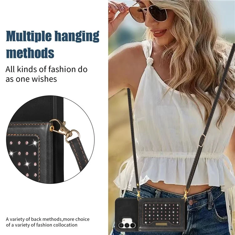 Per Samsung Galaxy A13 4G / 5G Rhinestone Decor Tri-fold Wallet Phone Case RFID Blocking Kickstand PU Leather Coated TPU Cover with Shoulder Strap - Nero