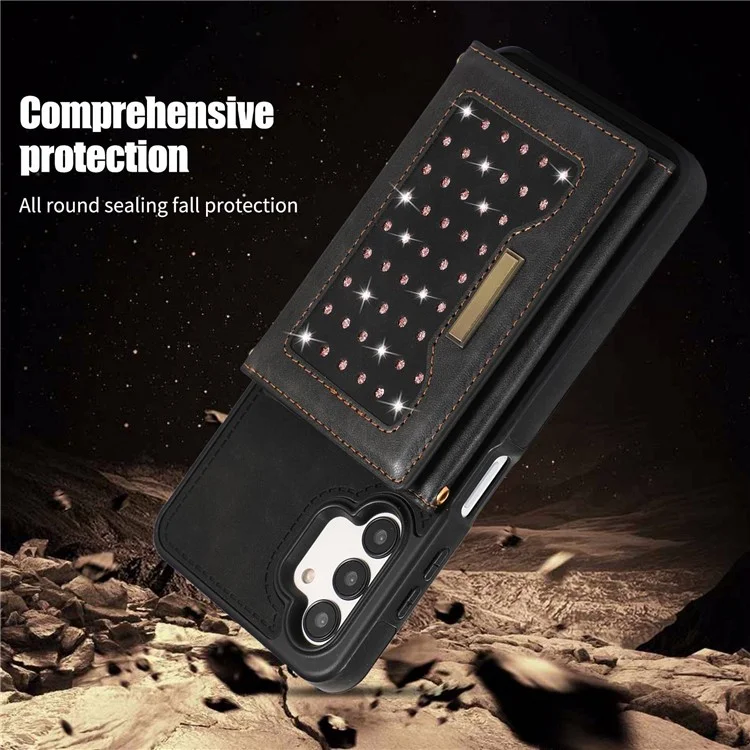 Per Samsung Galaxy A13 4G / 5G Rhinestone Decor Tri-fold Wallet Phone Case RFID Blocking Kickstand PU Leather Coated TPU Cover with Shoulder Strap - Nero