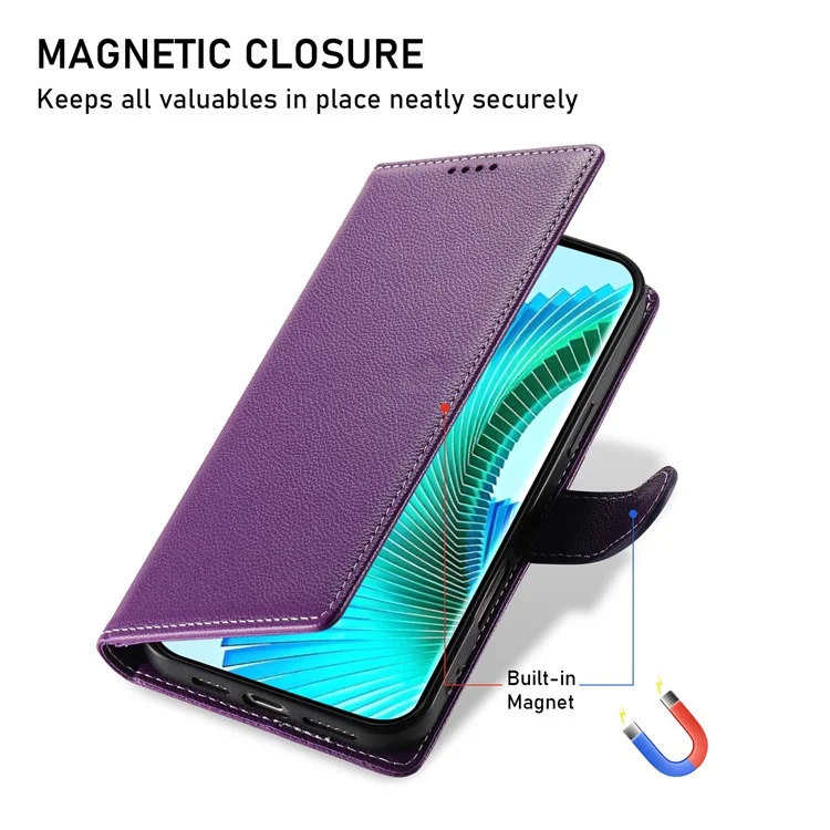 Cover a portafoglio per Honor X8c 4G con supporto, texture Litchi, in pelle con chiusura magnetica - Viola