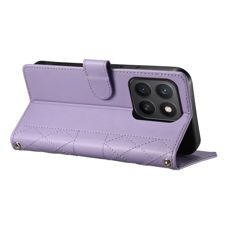 For Honor X8c 4G Case Rhombus Stitching Wallet Stand Leather Phone Cover with Long  /  Short Strap - Purple