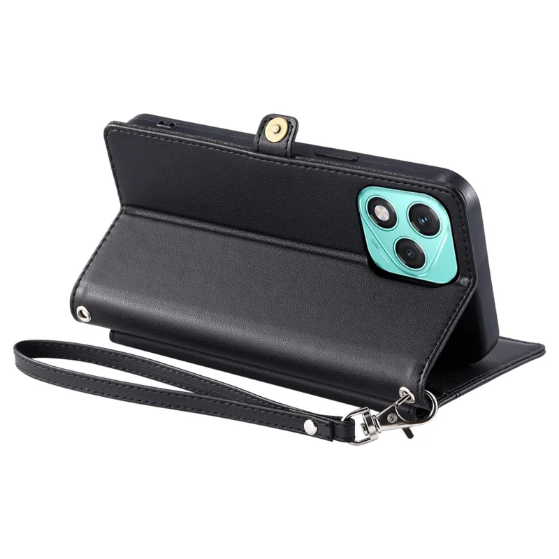 For Honor 400 Lite 5G Leather Case with Wrist Strap Wallet Stand Phone Cover - Black