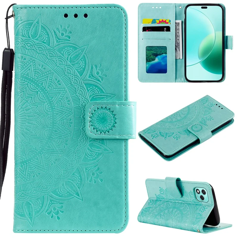 For Honor 400 Lite 5G Stand Case Imprinted Totem PU Leather Wallet Phone Cover - Mint Green