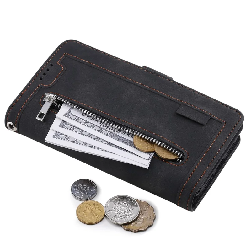 Til Honor 400 Lite 5G Etui i PU-læder med lynlåsewallet, 9 kortpladser - Sort