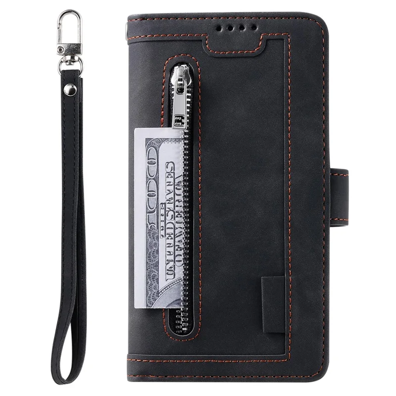 Til Honor 400 Lite 5G Etui i PU-læder med lynlåsewallet, 9 kortpladser - Sort