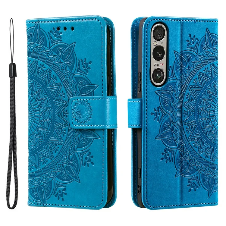 Für Sony Xperia 1 VII Ständergehäuse Bedruckter Totem PU-Leder Brieftasche Handyhülle - Blau
