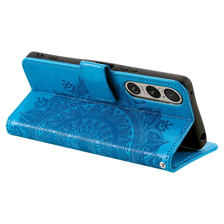 Für Sony Xperia 1 VII Ständergehäuse Bedruckter Totem PU-Leder Brieftasche Handyhülle - Blau