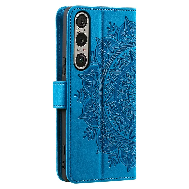 Für Sony Xperia 1 VII Ständergehäuse Bedruckter Totem PU-Leder Brieftasche Handyhülle - Blau