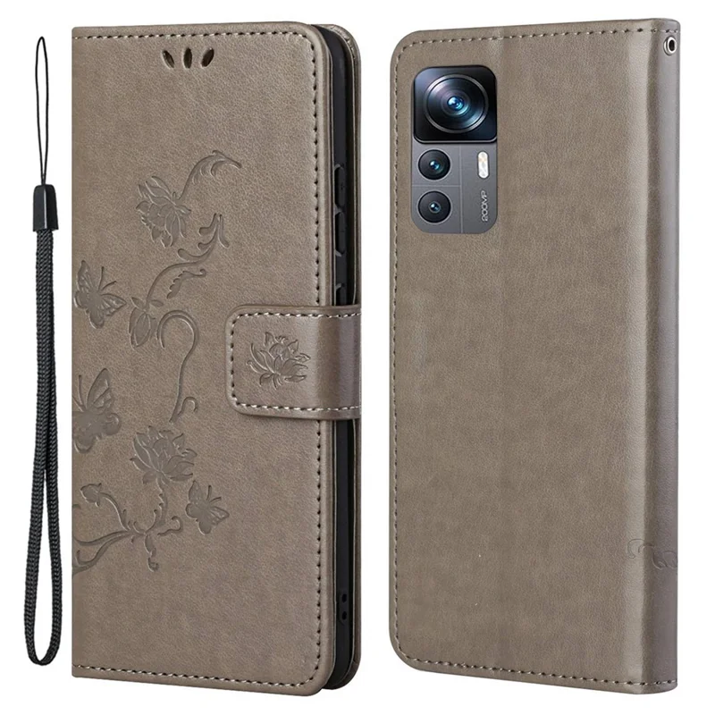 Per Xiaomi 12T 5G / Redmi K50 Ultra 5G / 12T Pro 5G Custodia in pelle PU con stampa a farfalla e fiore, supporto e protezione completa - Grigio