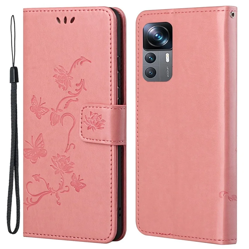 Per Xiaomi 12T 5G / Redmi K50 Ultra 5G / 12T Pro 5G Farfalla Fiore Impresso in Pelle PU Custodia Portafoglio Stand Protezione Completa - Rosa