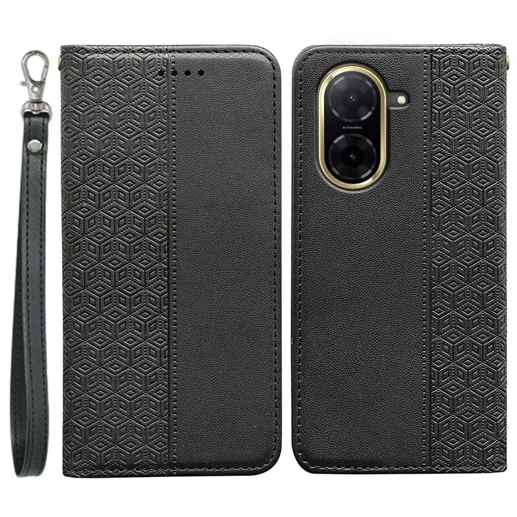 For Xiaomi Redmi A5 4G (171.7mm)  /  Poco C71 4G Wallet Phone Case Strong Magnetic Checkered Pattern Imprint Leather Flip Cover - Black
