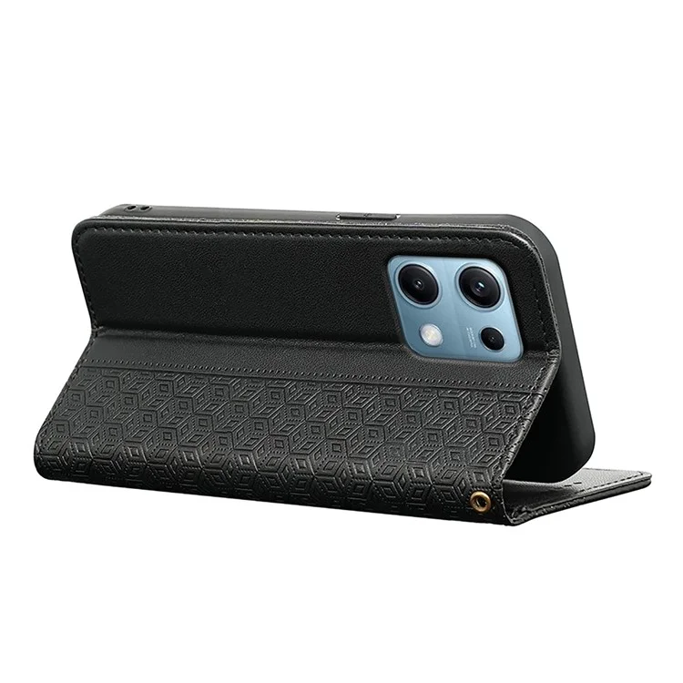 Para Xiaomi Redmi Note 14S 4G Carteira Capa de Telefone Forte Padrão Xadrez Impressão Magnética Couro Flip Cover - Preto