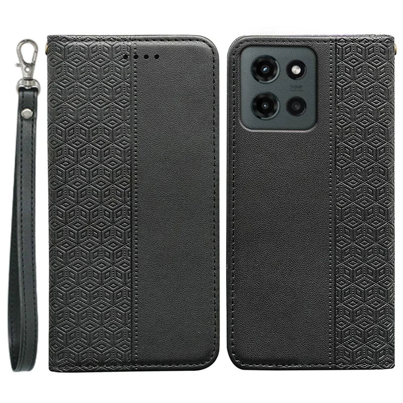 Til Motorola Edge (2025) 5G Wallet-telefonbeskyttelse med terningmønster, præget læderlomme med håndbøjle - Sort