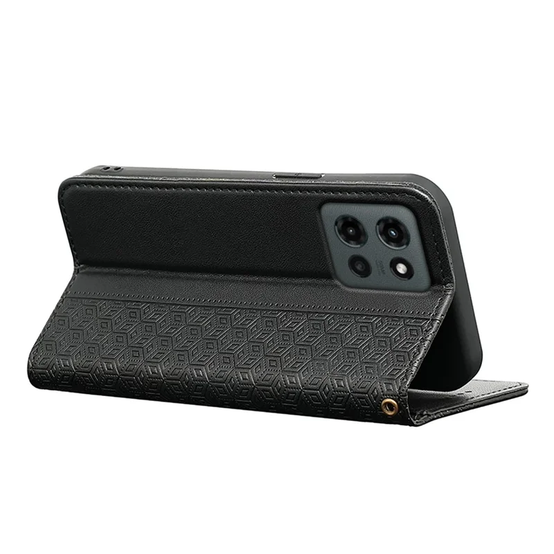 Til Motorola Edge (2025) 5G Wallet-telefonbeskyttelse med terningmønster, præget læderlomme med håndbøjle - Sort