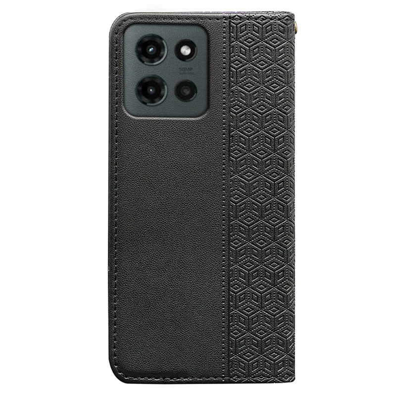 Til Motorola Edge (2025) 5G Wallet-telefonbeskyttelse med terningmønster, præget læderlomme med håndbøjle - Sort