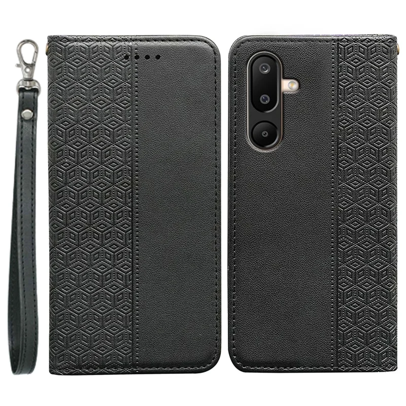 For Samsung Galaxy M16 5G / F16 5G Wallet Phone Case Checkered Pattern Imprint Leather Flip Cover with Wrist Strap - Black