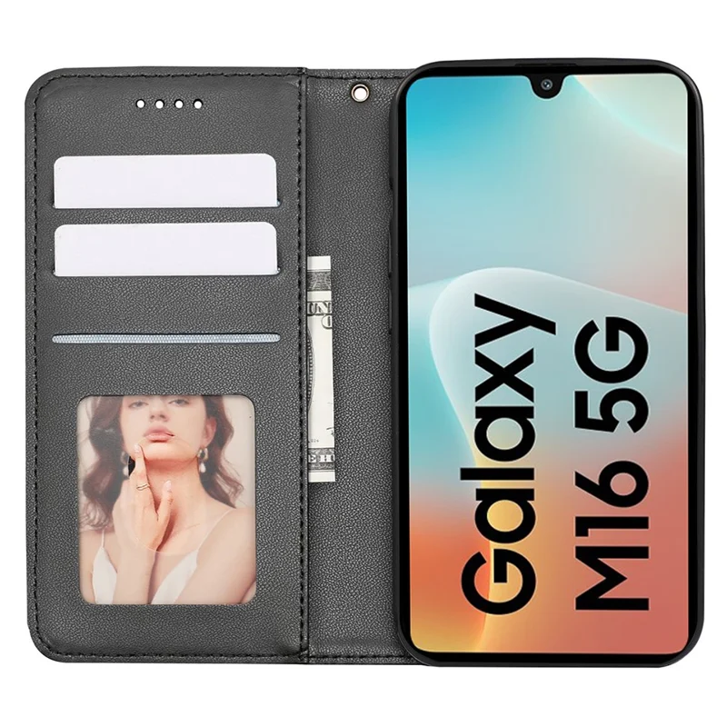 For Samsung Galaxy M16 5G / F16 5G Wallet Phone Case Checkered Pattern Imprint Leather Flip Cover with Wrist Strap - Black