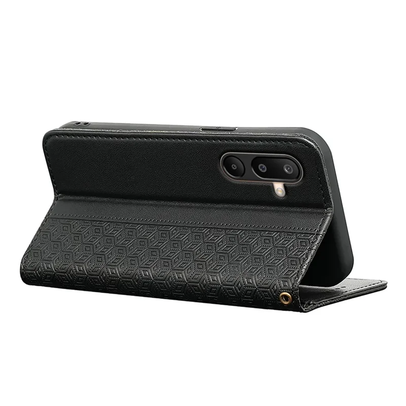 For Samsung Galaxy M16 5G / F16 5G Wallet Phone Case Checkered Pattern Imprint Leather Flip Cover with Wrist Strap - Black