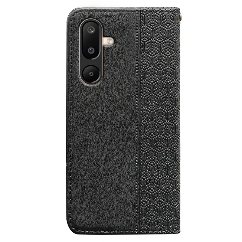 For Samsung Galaxy M16 5G / F16 5G Wallet Phone Case Checkered Pattern Imprint Leather Flip Cover with Wrist Strap - Black