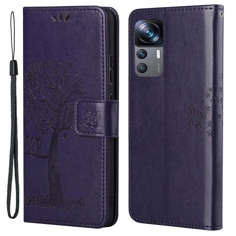 Per Xiaomi 12t 5g / 12t Pro 5G PU in Pelle PU Inspressed Owl Tree Pattern Telefono Casetta da Portafoglio Anti-graffio - Viola Scuro