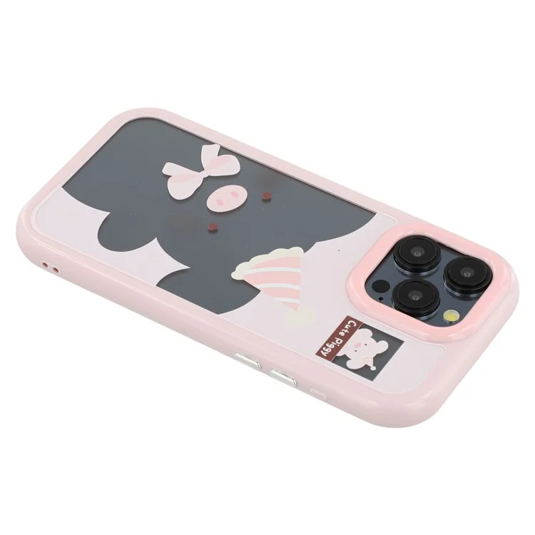 For iPhone 15 Pro Case Pattern Printing TPU + Acrylic Phone Back Cover Large Lens Cutout - Pink Pig