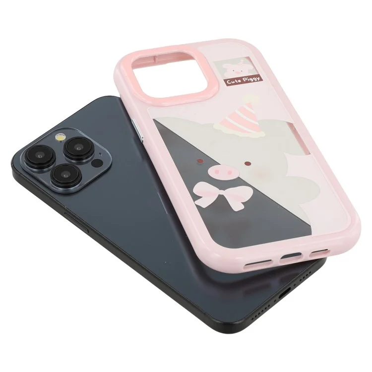 For iPhone 15 Pro Case Pattern Printing TPU + Acrylic Phone Back Cover Large Lens Cutout - Pink Pig