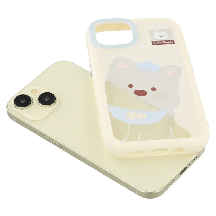 For iPhone 14 Case Pattern Printing TPU + Acrylic Phone Back Cover Large Lens Cutout - White Dog