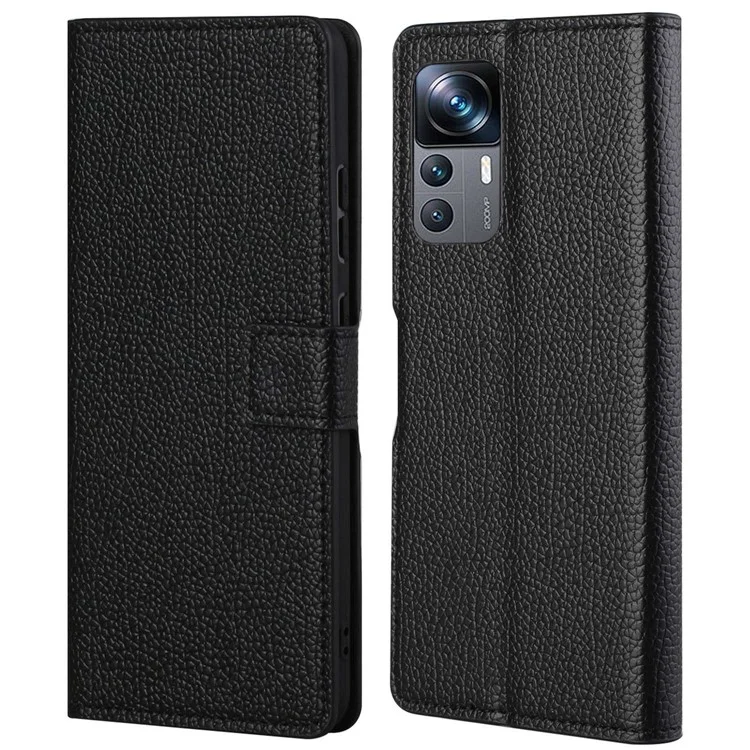 Litchi Texture Phone Case for Xiaomi 12T 5G / Redmi K50 Ultra 5G / 12T Pro 5G, PU Leather Square Magnetic Clasp Wallet Stand Cover - Black
