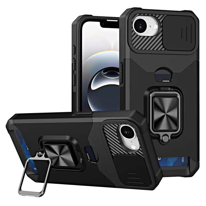 For iPhone 16e Case Kickstand Slide Lens Lid PC + TPU Phone Cover with Card Slot - Black