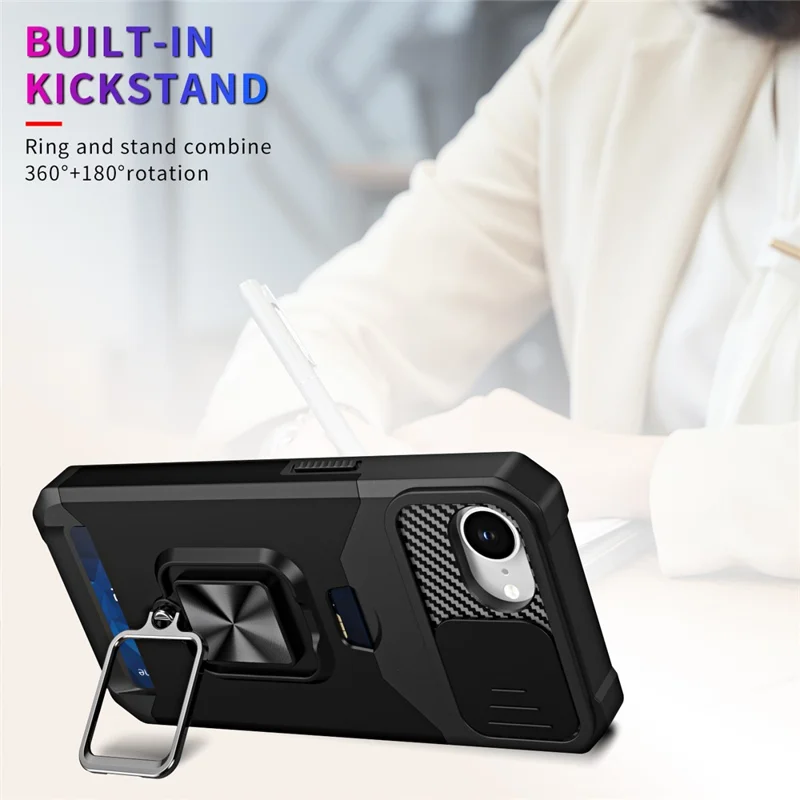 For iPhone 16e Case Kickstand Slide Lens Lid PC + TPU Phone Cover with Card Slot - Black