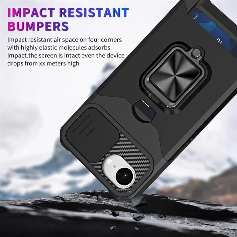 For iPhone 16e Case Kickstand Slide Lens Lid PC + TPU Phone Cover with Card Slot - Black