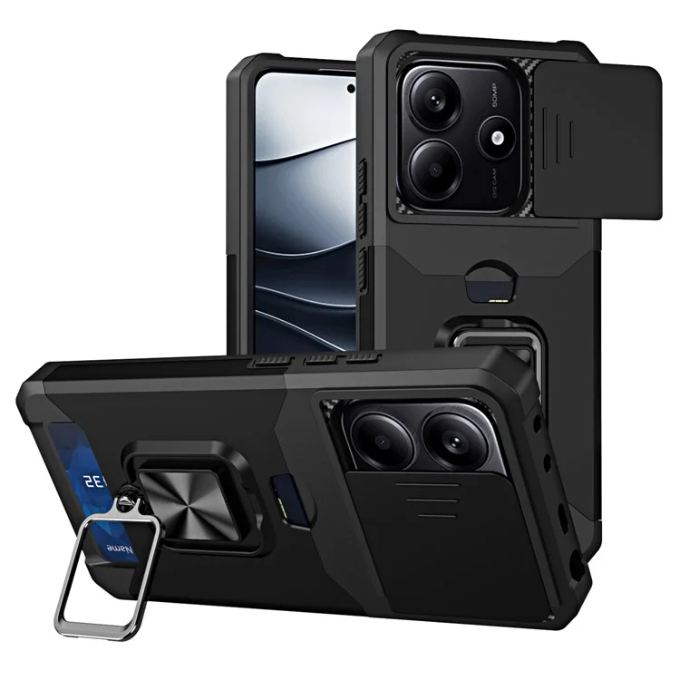 For Xiaomi Redmi Note 14 4G (163.25mm) / Note 14 5G Case Kickstand Slide Lens Lid PC + TPU Phone Cover with Card Slot - Black